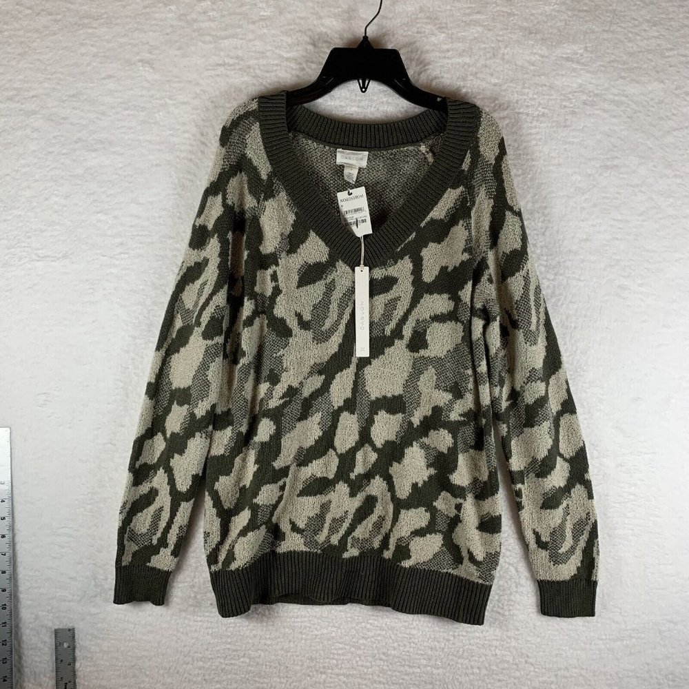 Caslon Sweater Women M‎ Olive Green Camo V-Neck Long Sleeve Pullover Cotton 6441